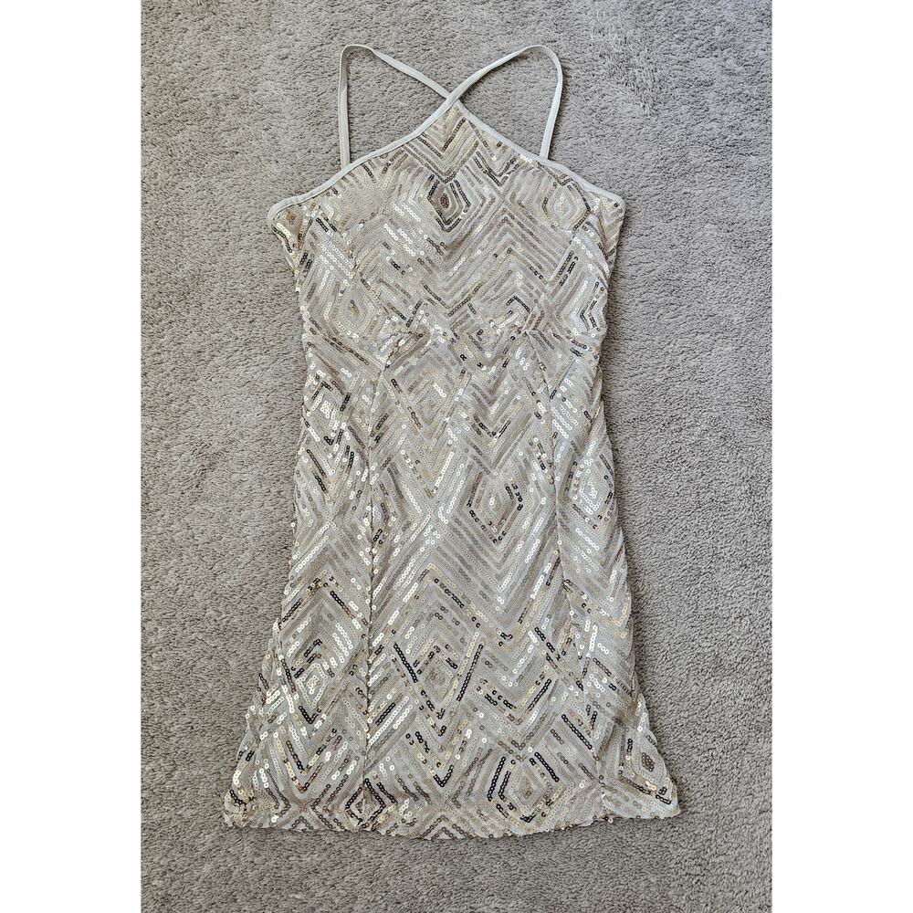 Crystal Doll Gold Sequined Formal Dress Fitted Bodycon Sparkly Halter Sz 7 Women